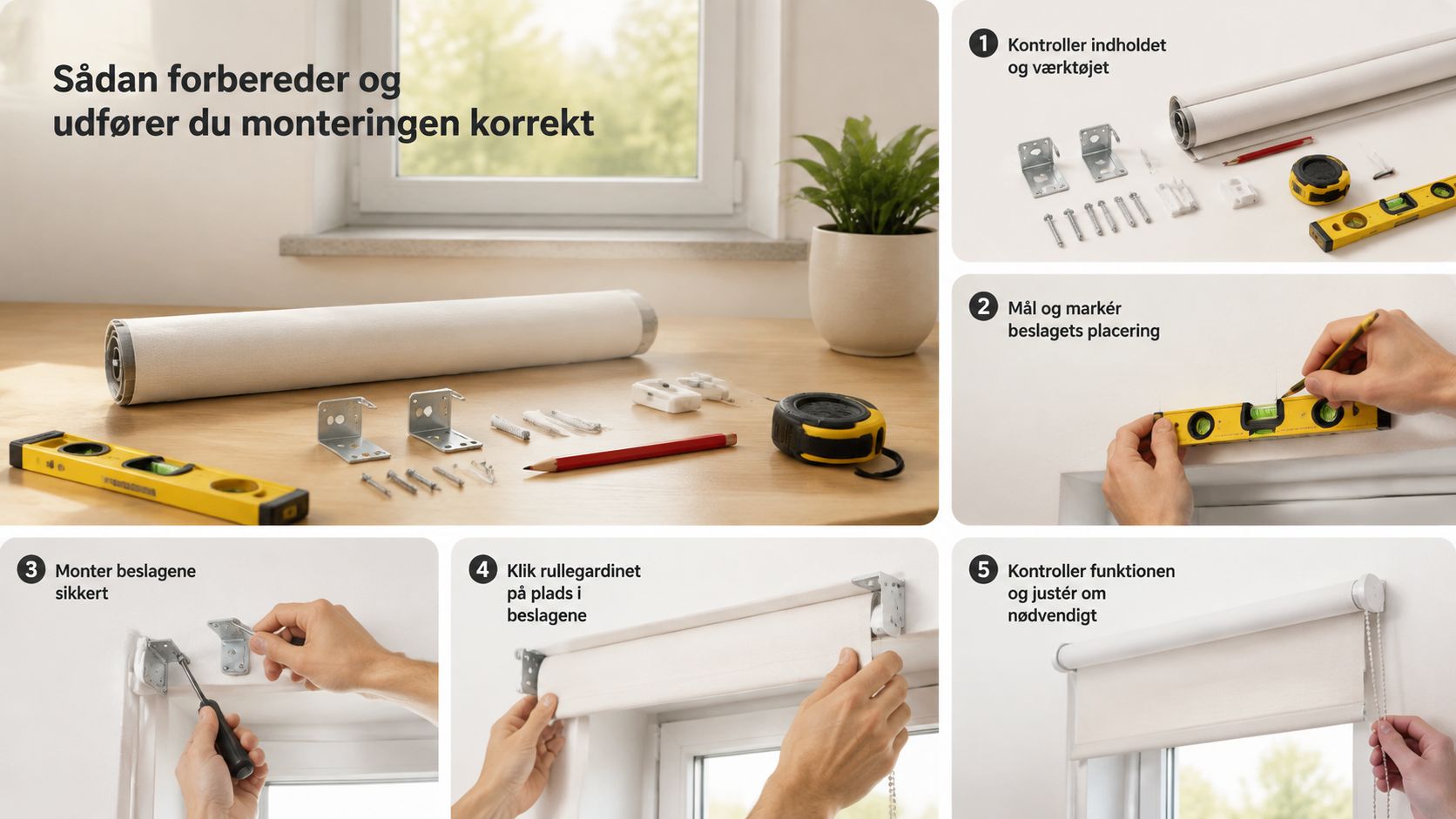 En vejledning i fem trin til korrekt montering af et rullegardin ved et vindue i hjemmet.