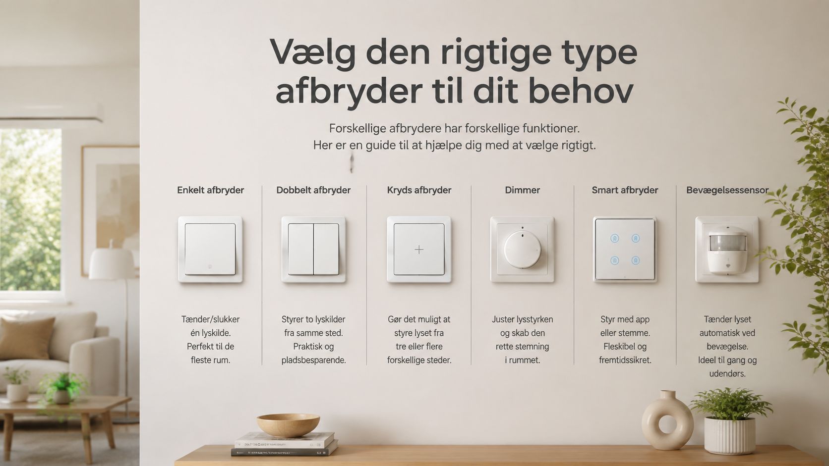 En guide over forskellige typer af afbrydere til hjemmet, inklusiv enkelt, dobbelt, kryds, dimmer, smart og bevægelsessensor.