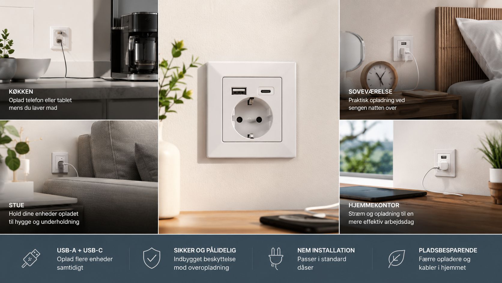 Hvid stikkontakt med integreret USB-A og USB-C ladeport til praktisk opladning i alle hjemmets rum.