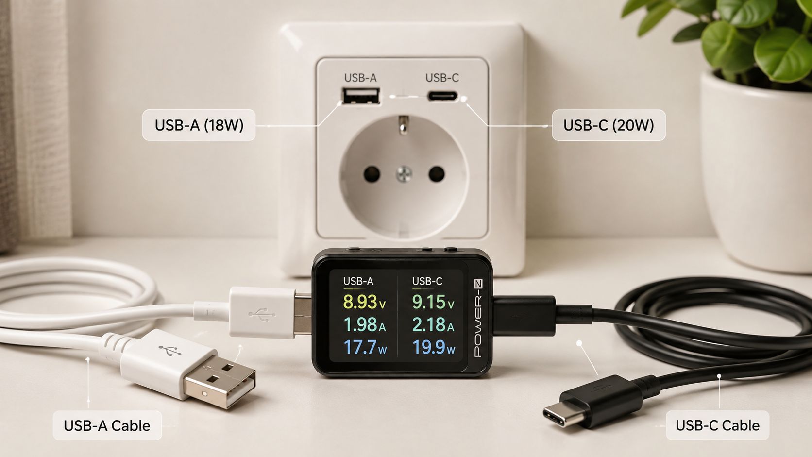 En stikkontakt med USB-A og USB-C porte forbundet til en power meter, der måler opladningshastigheden for enheder.