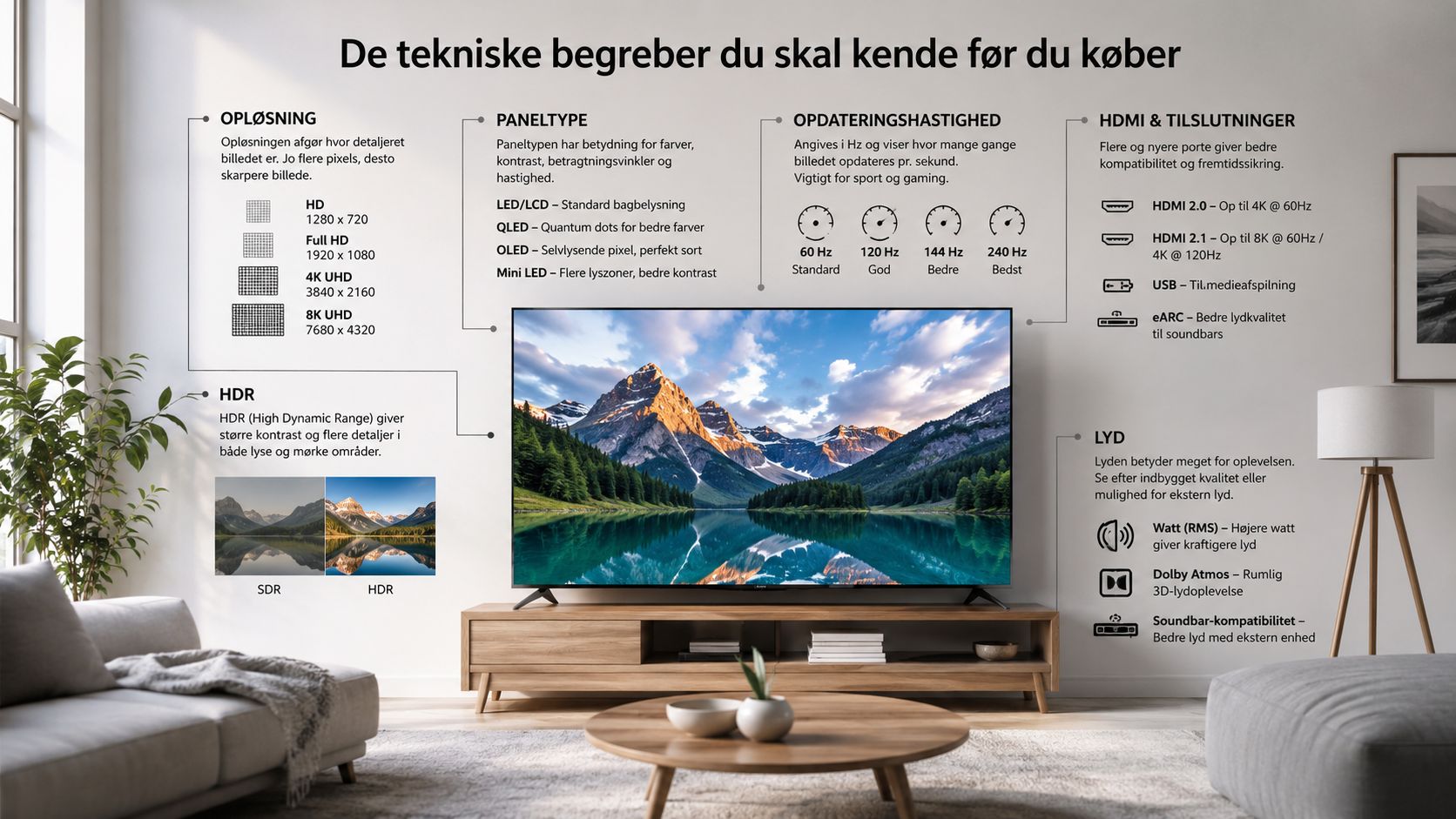 En infografik der forklarer vigtige tekniske tv-begreber som opløsning, paneltype, opdateringshastighed, tilslutninger, hdr og lyd.