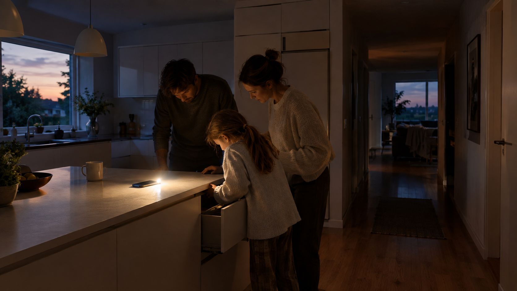 En familie i køkkenet undersøger en skuffe ved hjælp af lyset fra en smartphone under et strømsvigt.