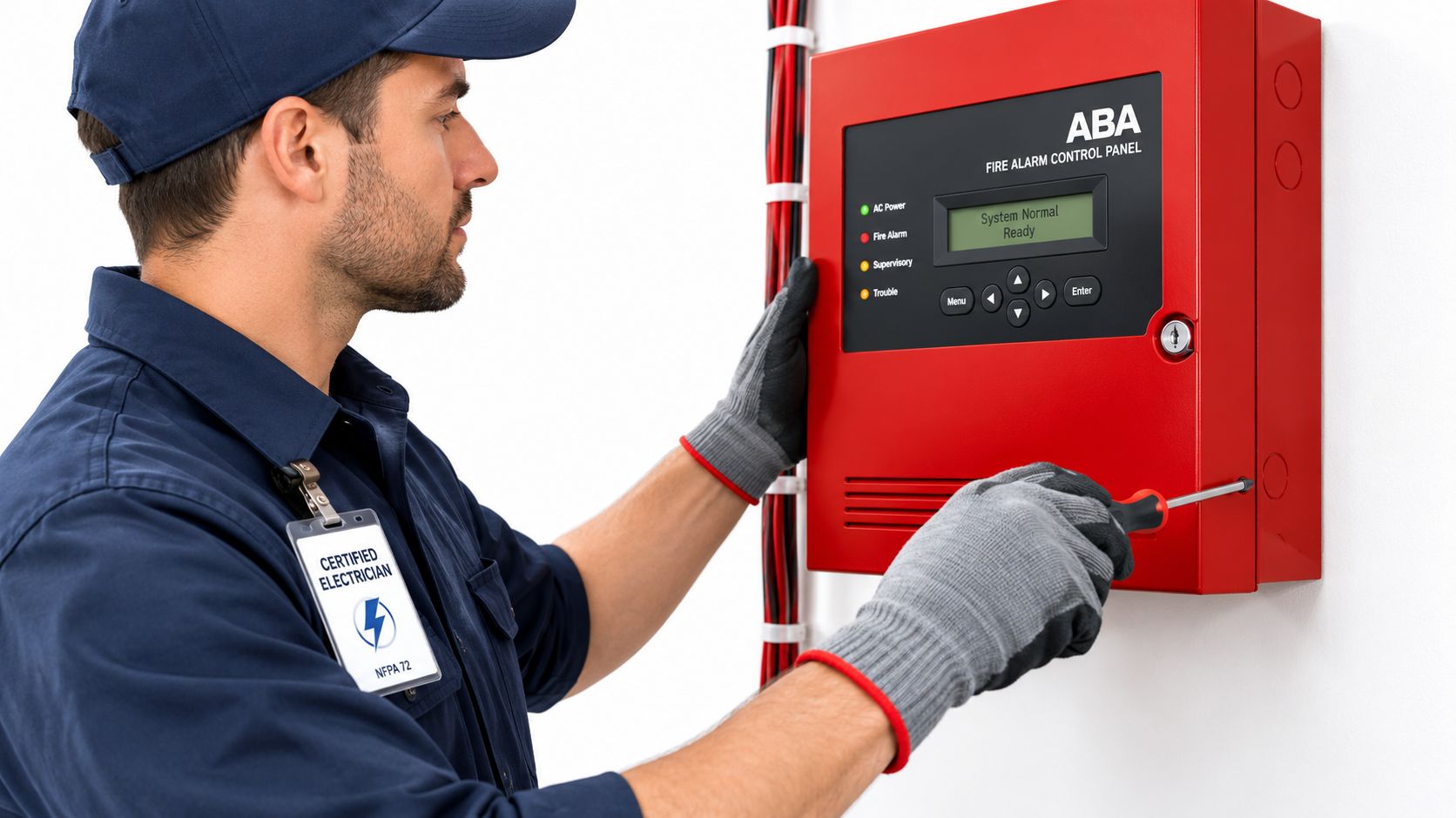 En certificeret elektriker arbejder på et ABA-brandalarmanlæg, mens han tjekker systemets status på panelet.