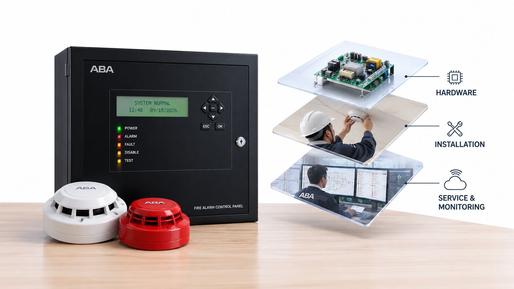 Et ABA-brandalarmanlæg med kontrolpanel, sensorer og illustrationer af installation, hardware og overvågning af systemet.