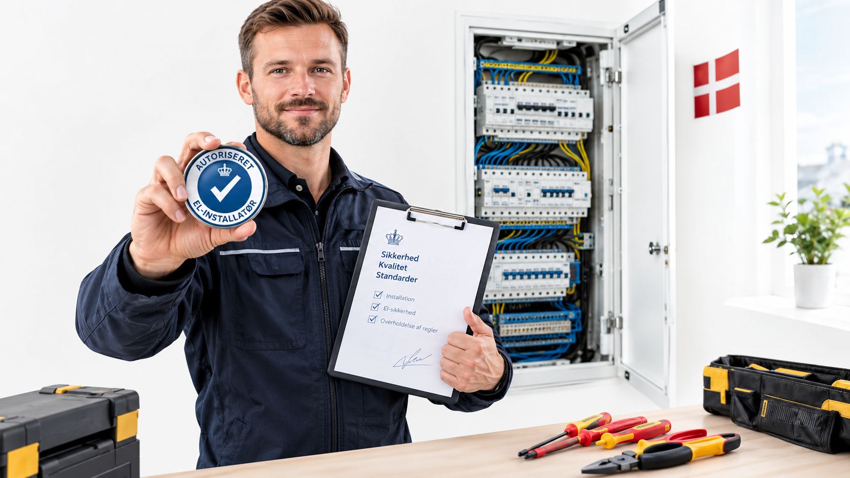 En smilende autoriseret el-installatør holder et certifikat og et certifikatlogo foran et åbent el-tavleskab.