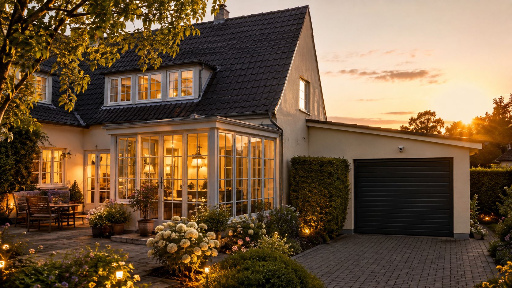 Et smukt dansk hus med en oplyst udestue og garage ved solnedgang, sikret med moderne alarmsystem.