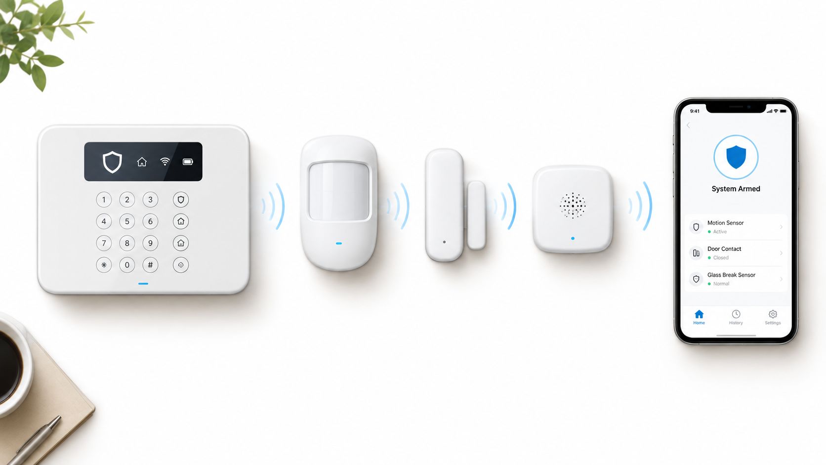 Et trådløst alarmsystem med kontrolpanel, bevægelsessensor, dørkontakt, sirene og en smartphone app til hjemmesikring.