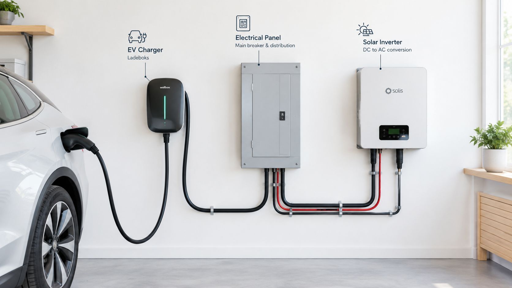 Hjemmeopladning af elbil via wallbox forbundet til husets elpanel og et solcelleanlæg med inverter.