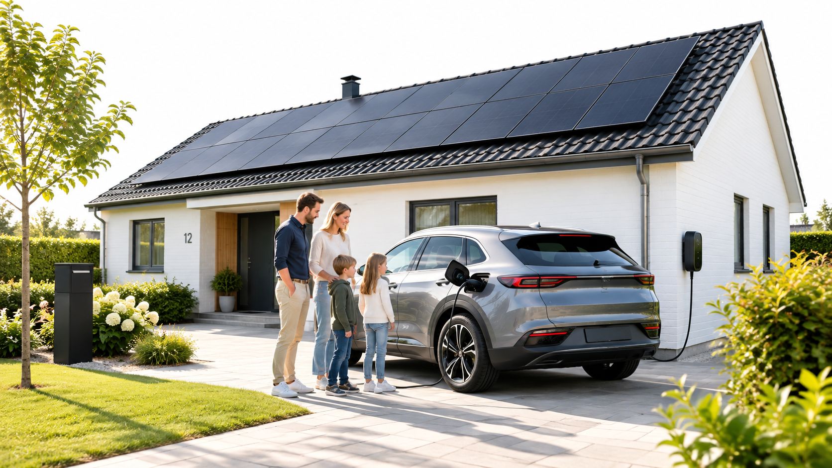 En familie ser på deres elbil, der oplades hjemme foran et moderne hus med solceller på taget.