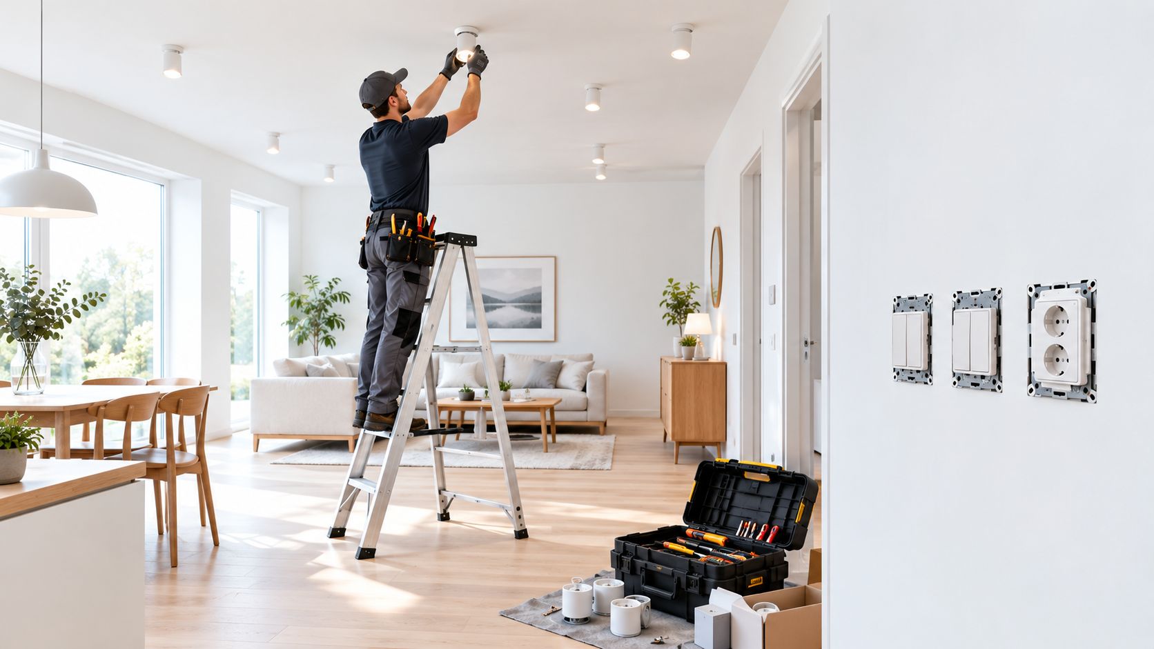 En elektriker monterer en moderne loftlampe fra en stige i en lys og rummelig stue.