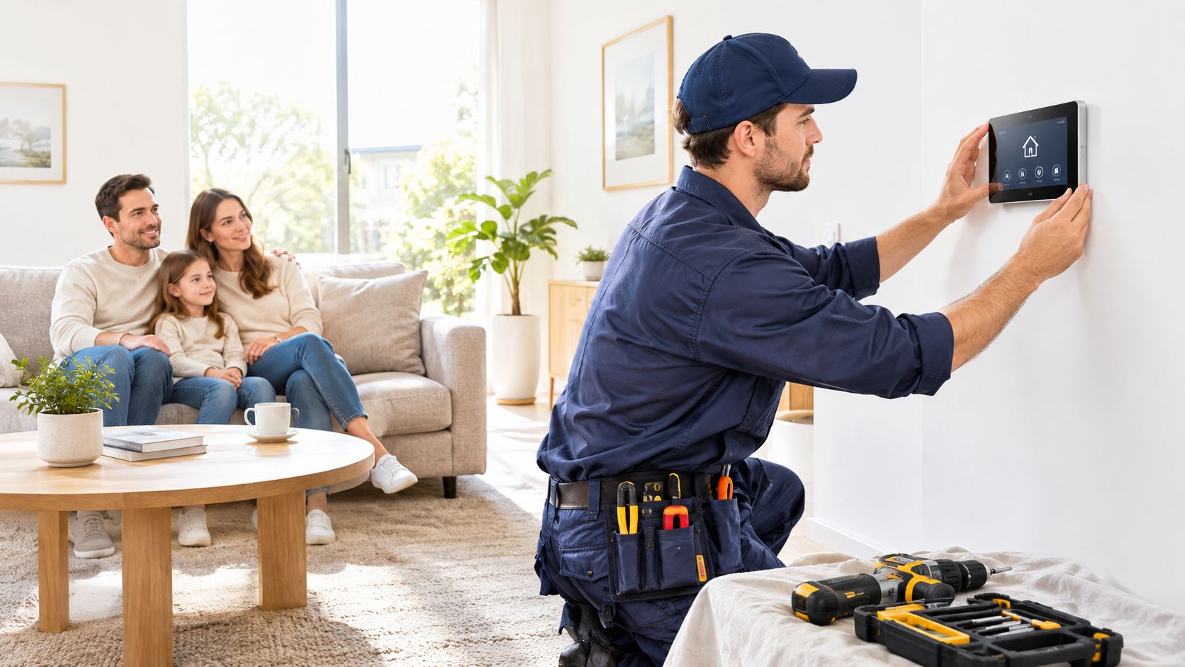 En professionel elektriker installerer et smart home-styringspanel på væggen i en stue hos en familie.