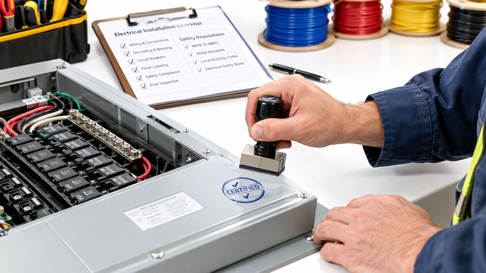 En elektriker stempler et elektrisk kontrolpanel som certificeret ved siden af en tjekliste og ledningsruller.