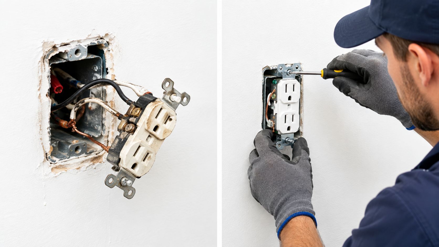 En professionel elinstallatør udskifter en gammel elektrisk stikkontakt med en ny, mens han arbejder sikkert med værktøj.