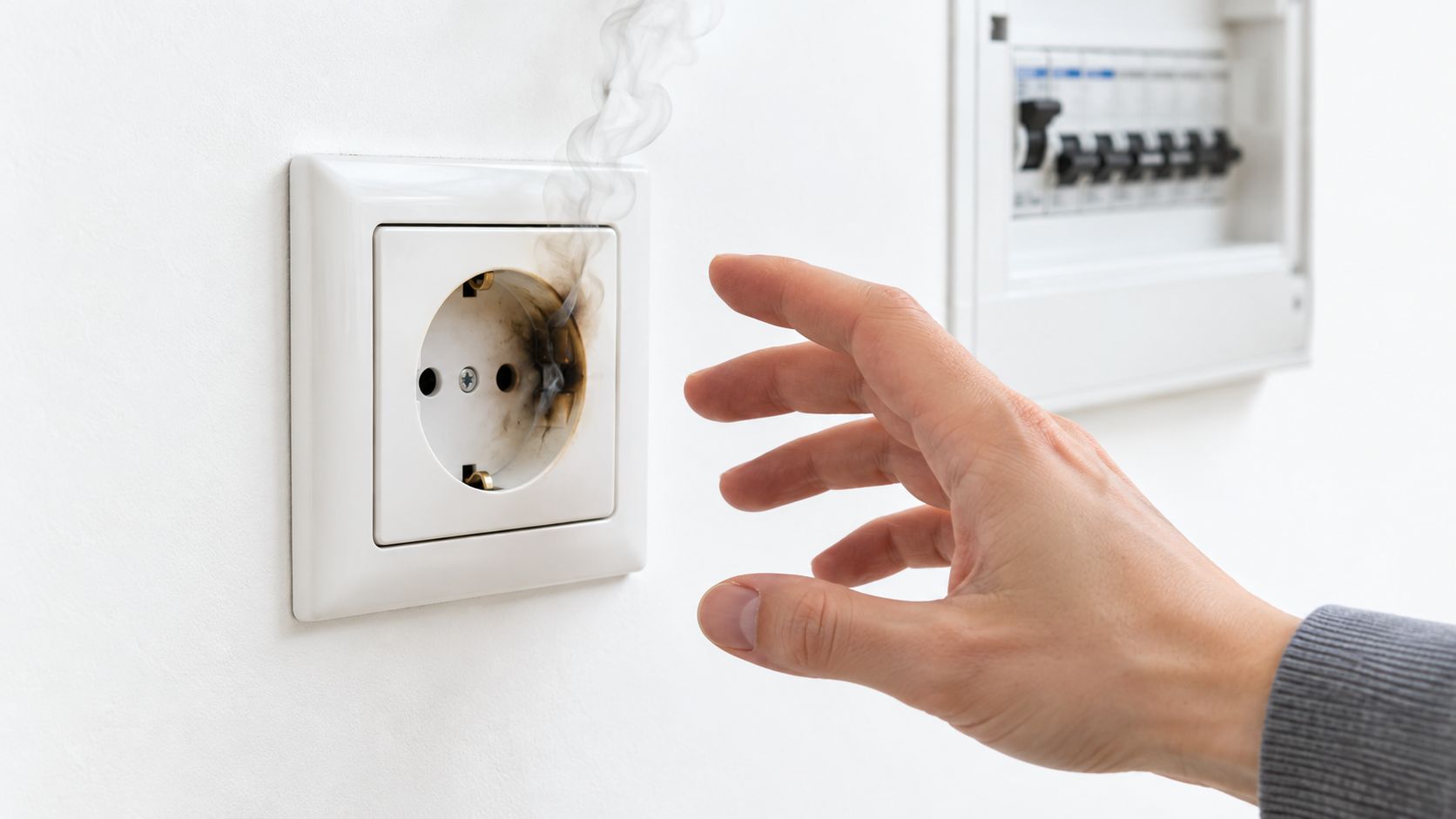 En hånd rækker ud mod en elektrisk stikkontakt, der ryger og viser tydelige tegn på brandfare.
