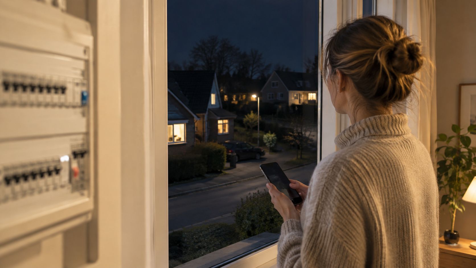 Kvinde står ved et vindue om aftenen og kigger på sin telefon nær et elektrisk sikringsskab.