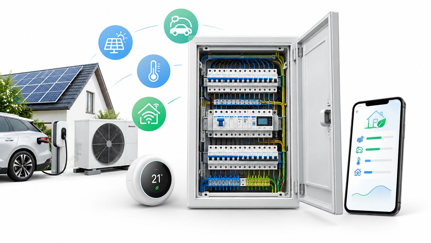 En smart elektrisk styringsenhed forbundet med solceller, varmepumpe, elbil og en mobilapplikation til energiovervågning i hjemmet.