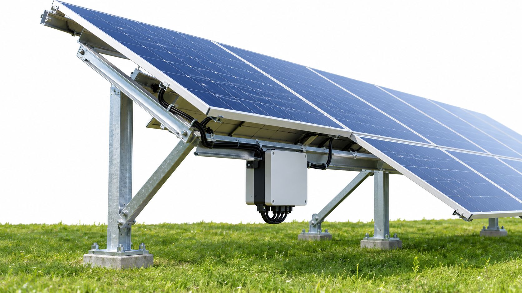 Et solcelleanlæg placeret på jorden med en tydelig inverter og monteringsstruktur i et solrigt grønt landskab.