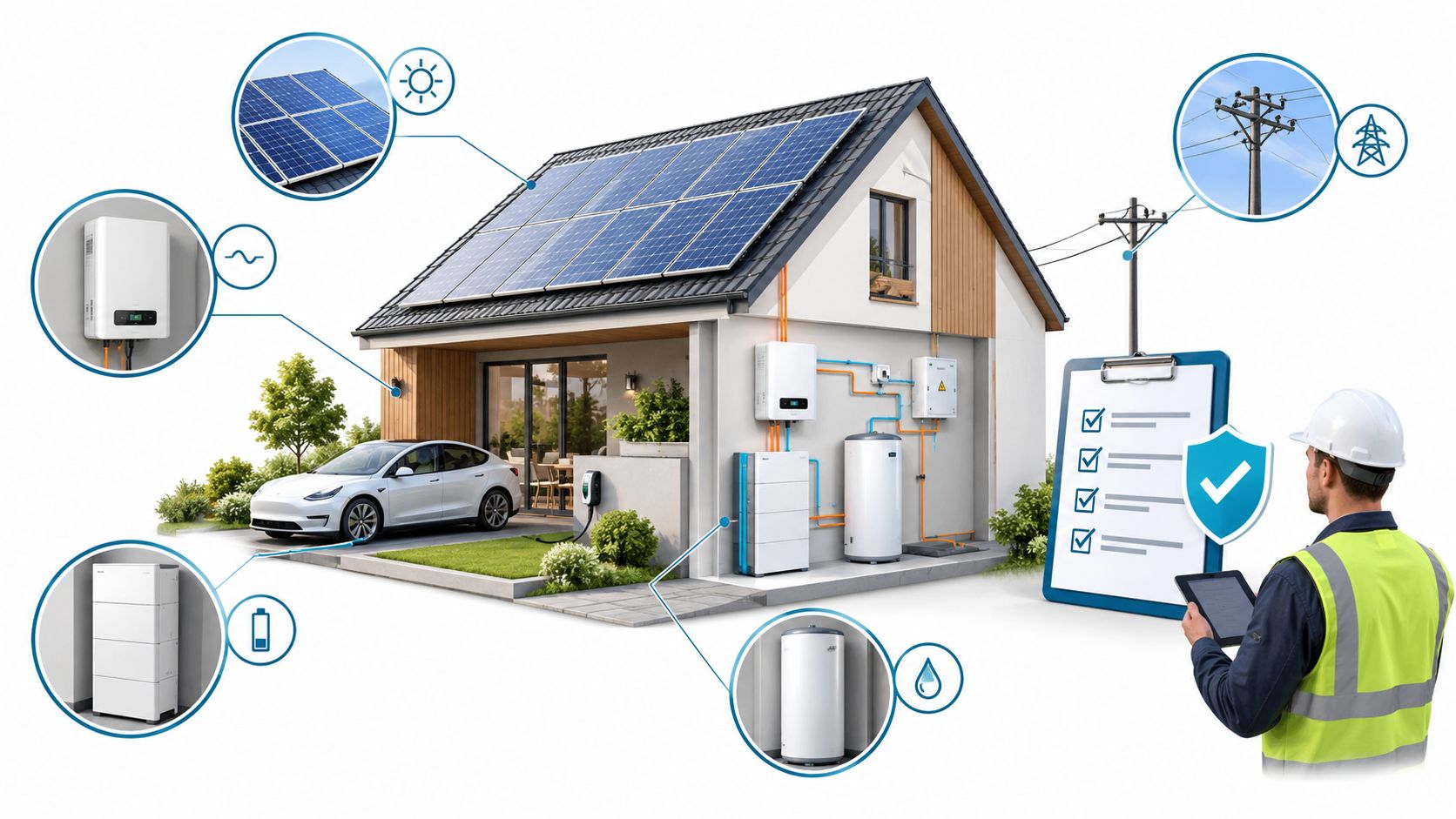 Illustration af et moderne hus med solcelleanlæg, batterilagring, varmepumpe og elbil under inspektion af en tekniker.