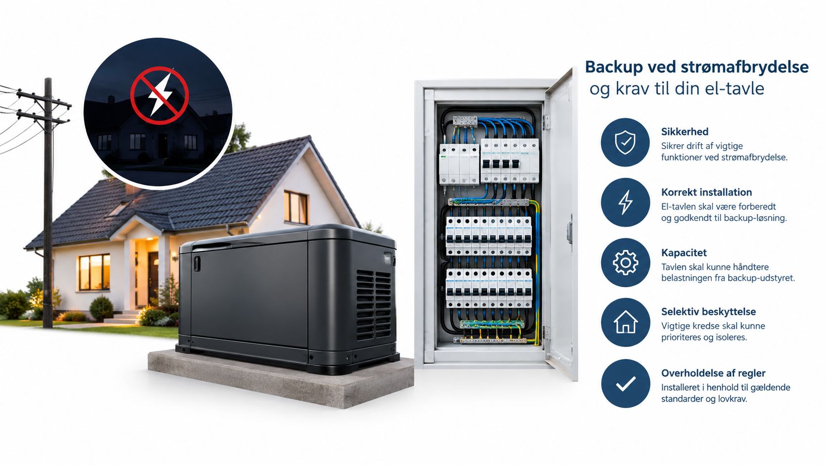 En nødstrømsgenerator ved et hus og et åbent el-tavleskab der viser krav til backup-installation ved strømafbrydelse.