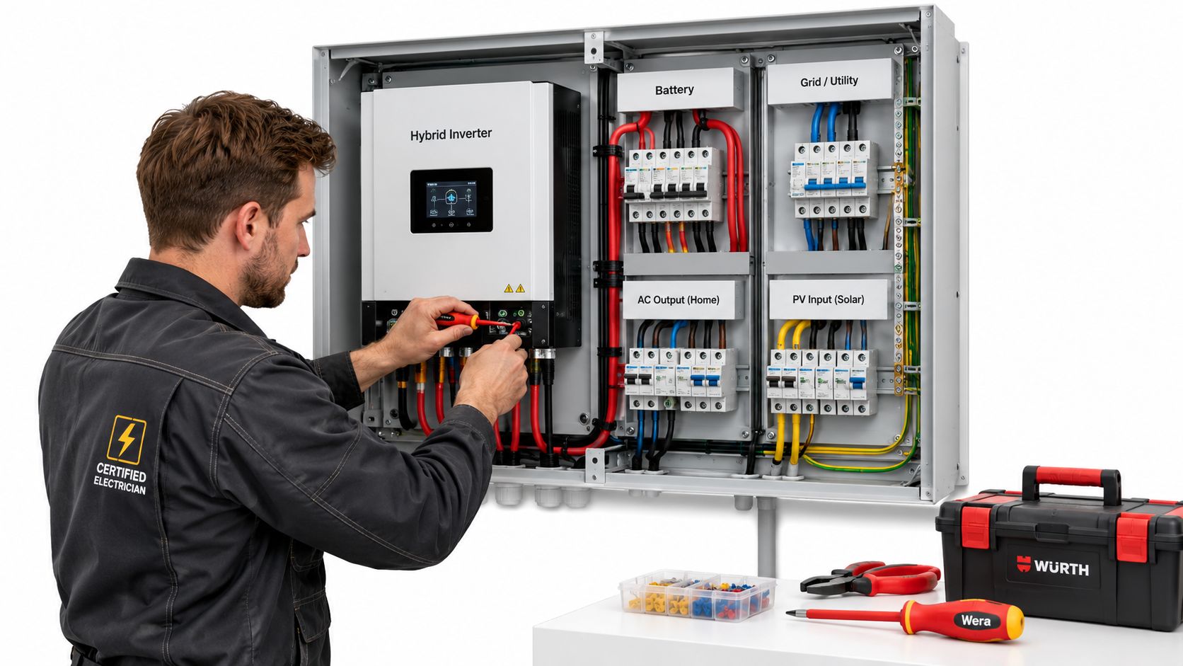 En autoriseret elektriker arbejder på installationen af et avanceret hybrid-solcelleanlæg med batteri og inverter.