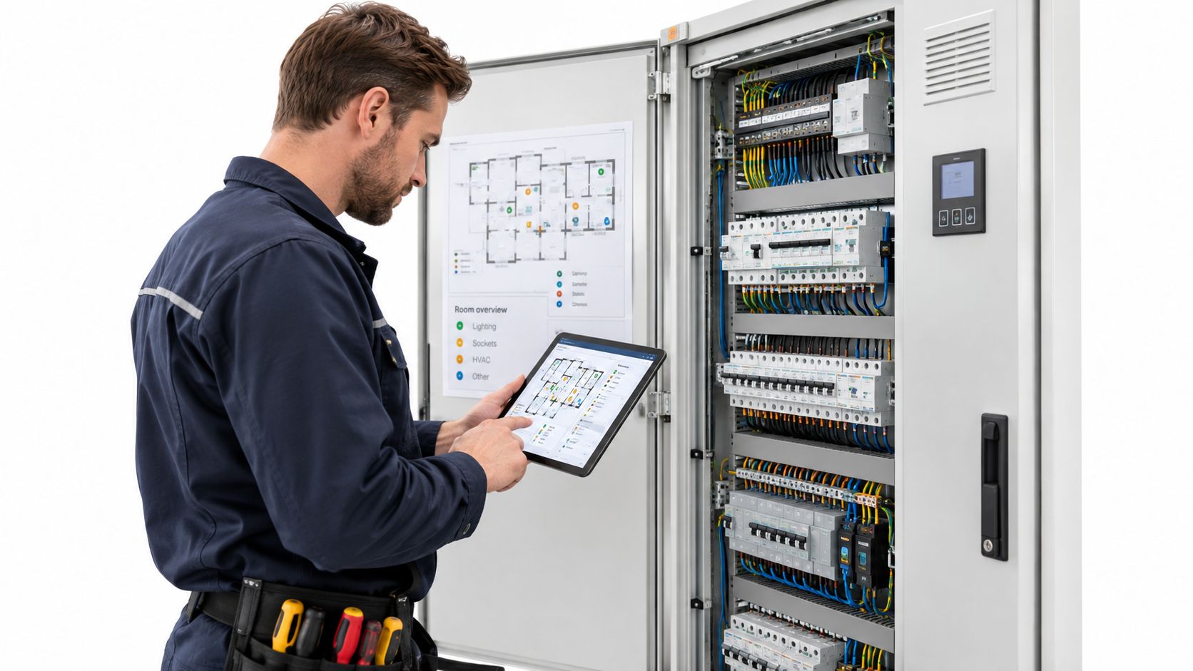 En elektriker inspicerer en elektrisk tavle med intelligent bygningsautomatik ved hjælp af en digital tablet.