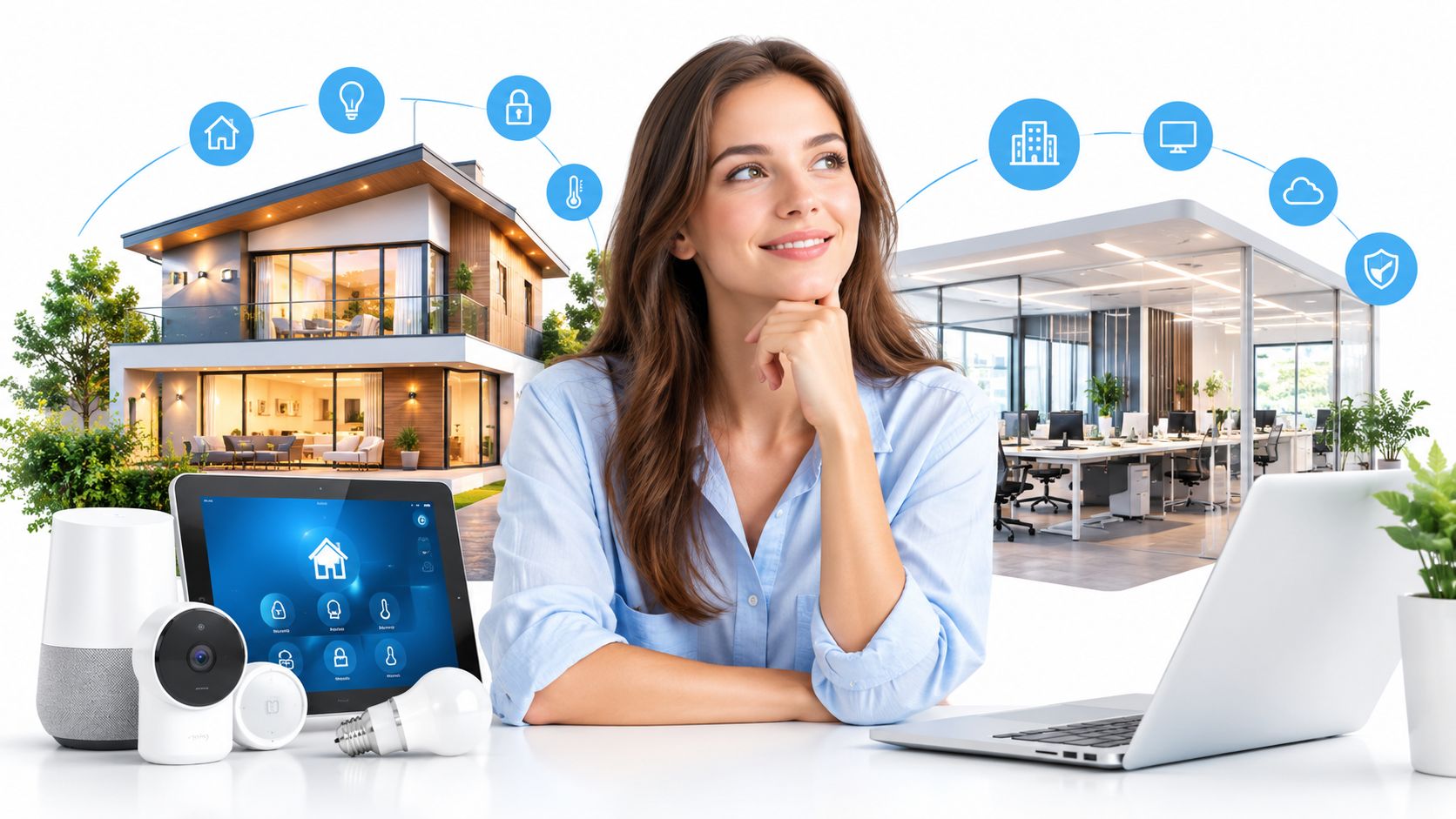 En smilende kvinde arbejder med smart teknologi, der integrerer styring af intelligente hjem og moderne kontorbygninger effektivt.