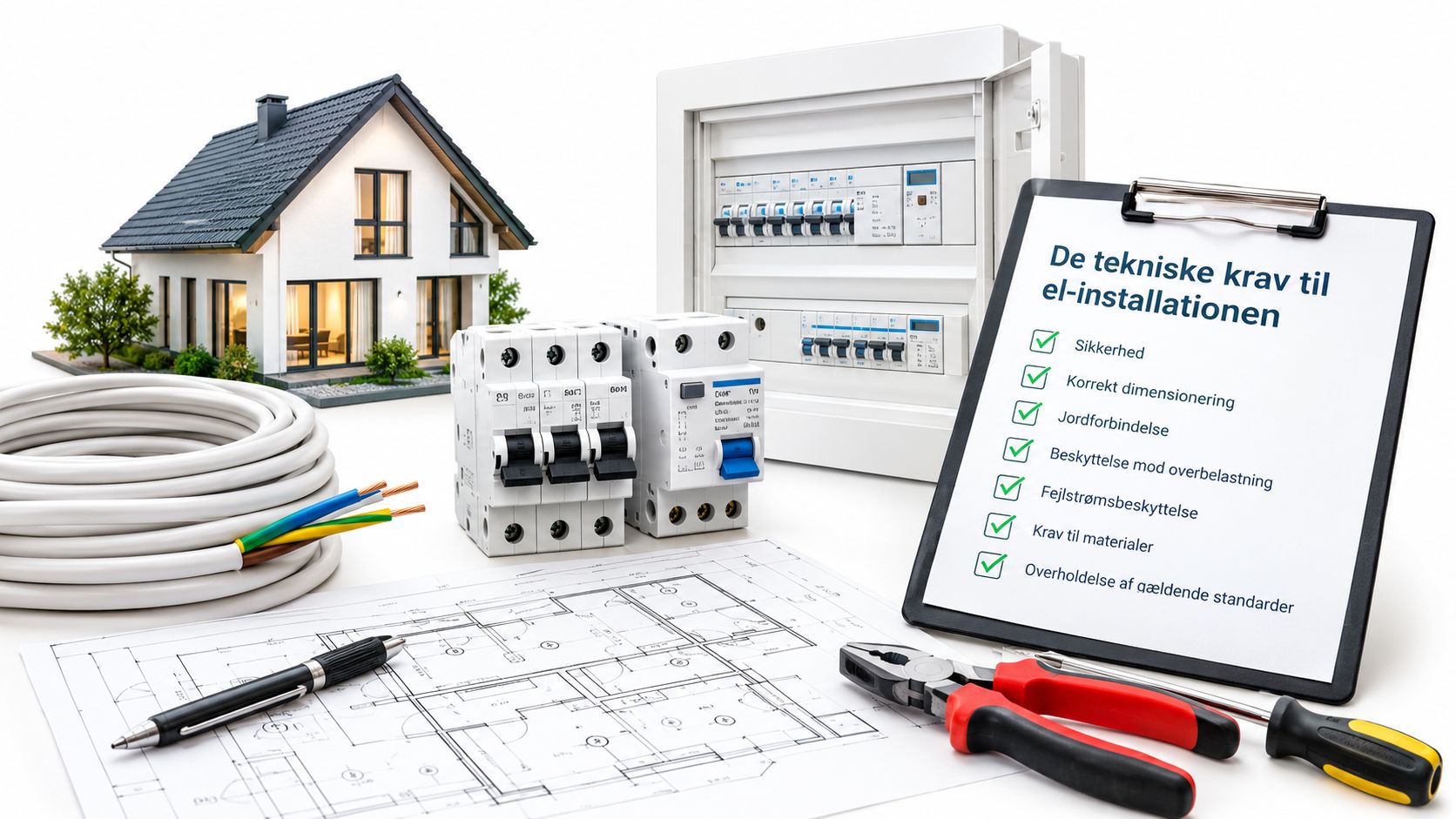 En illustration af tekniske krav til el-installationer med husmodel, sikringsskab, tegninger og elværktøj på et skrivebord.