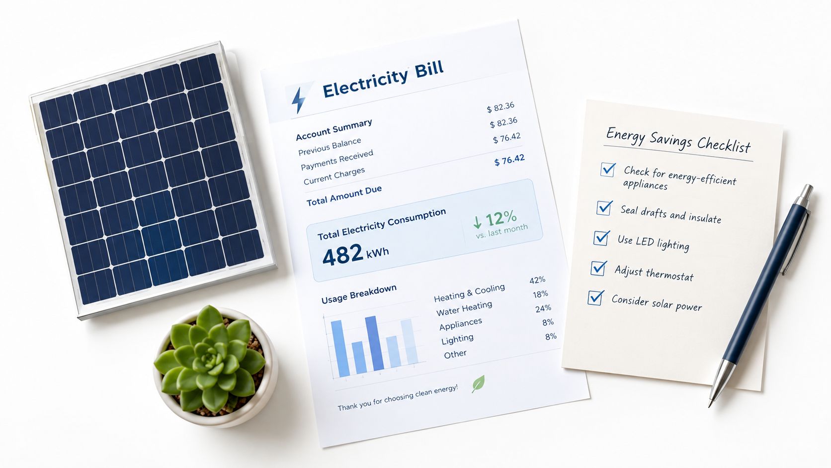 Et overblik over en elregning, et solcellepanel og en tjekliste for energibesparelser på et hvidt bord.
