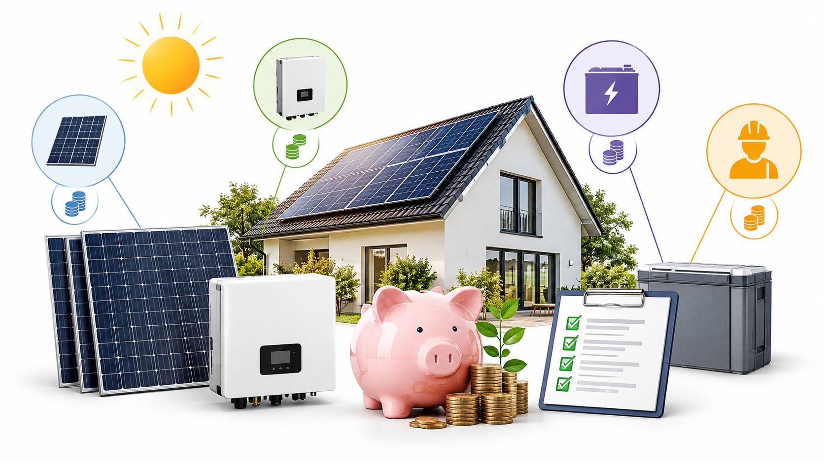 Illustration af solcelleanlæg til huset med inverter, batteri og sparegris som symbol på økonomisk besparelse og energi.