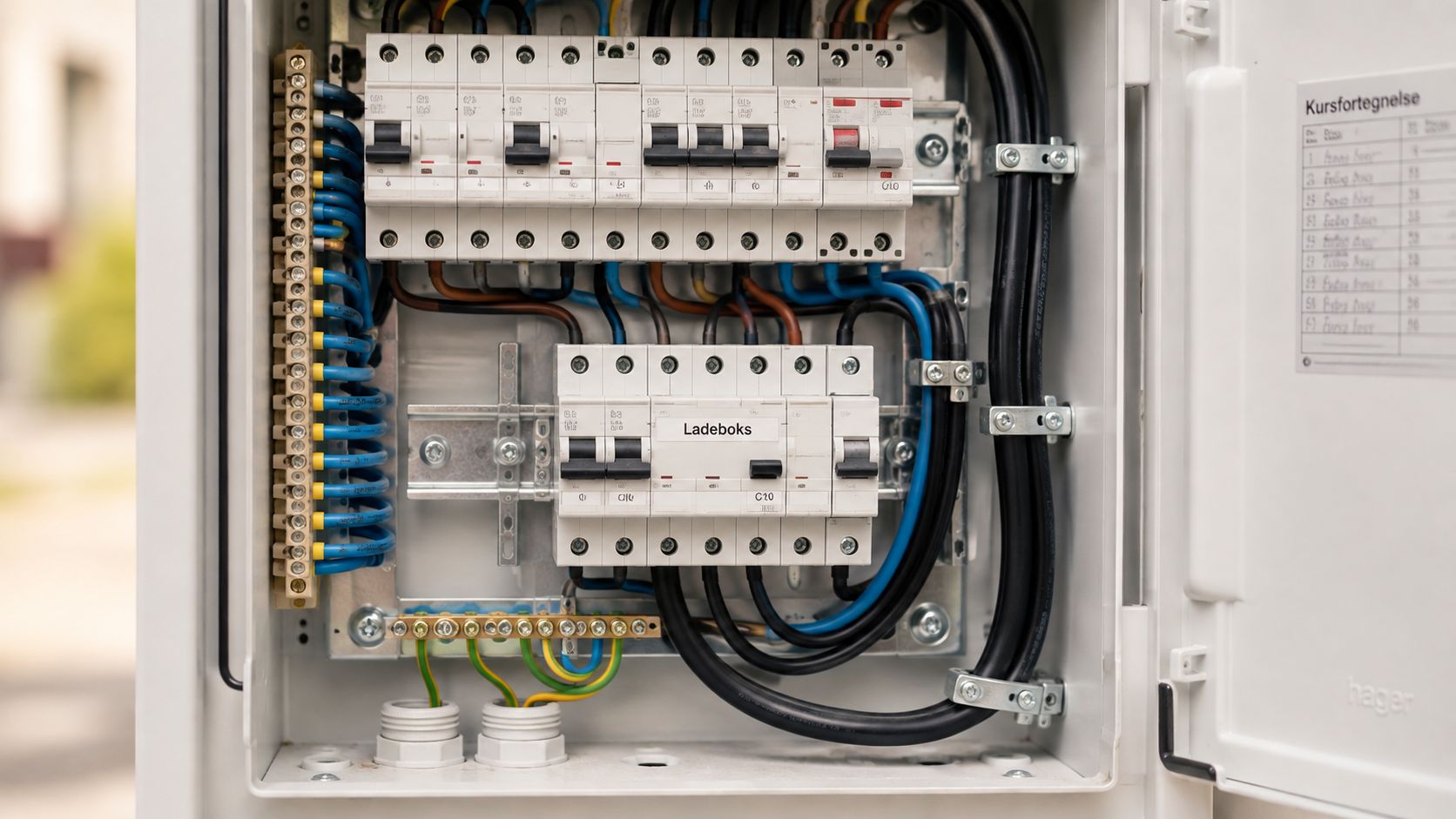 En elektrisk tavle med en sikringsgruppe markeret som Ladeboks til opladning af en elektrisk bil i et hjem.