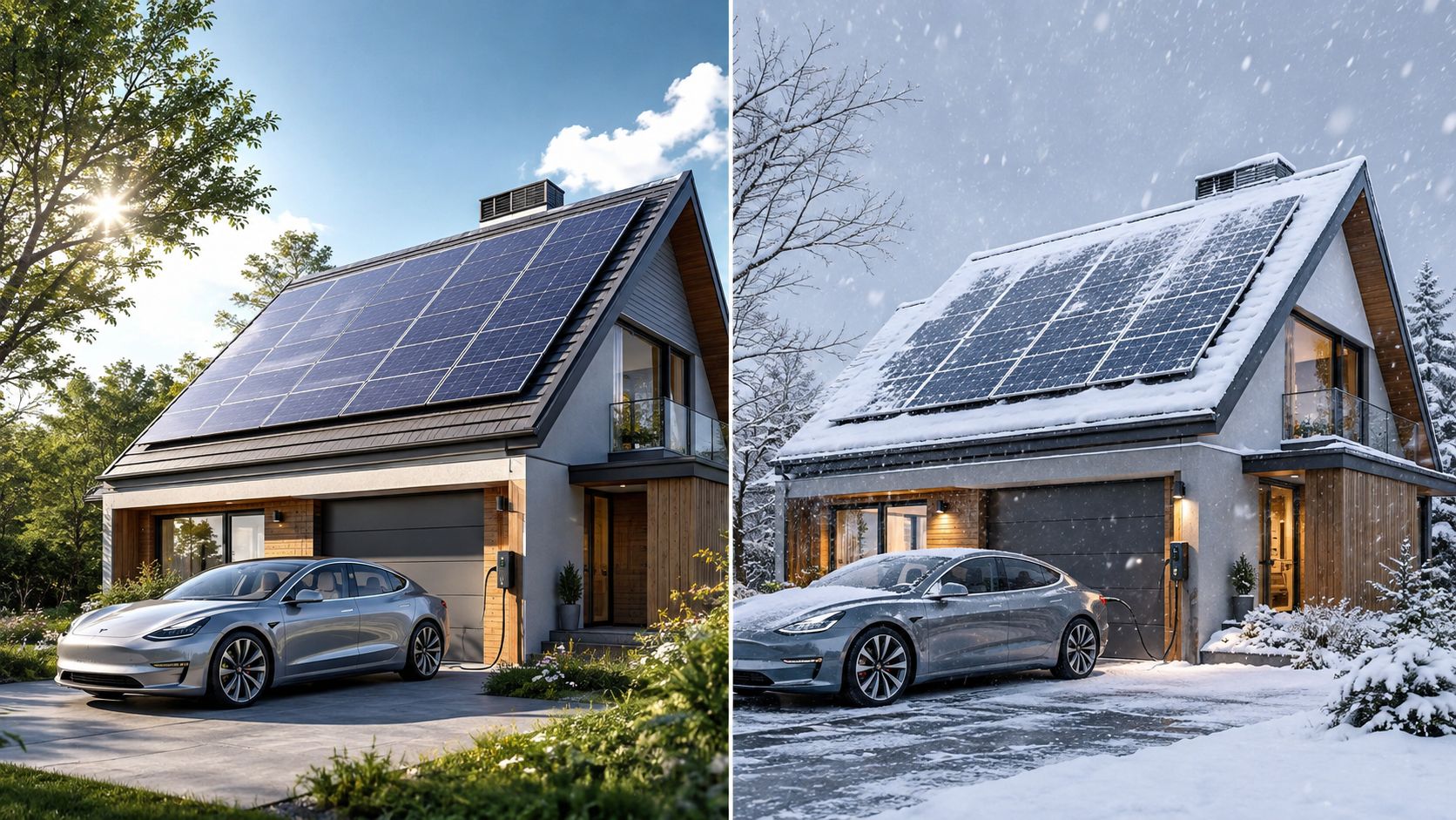 Et moderne hus med solcelleanlæg og en elbil parkeret foran i både sommer- og vintervejr.