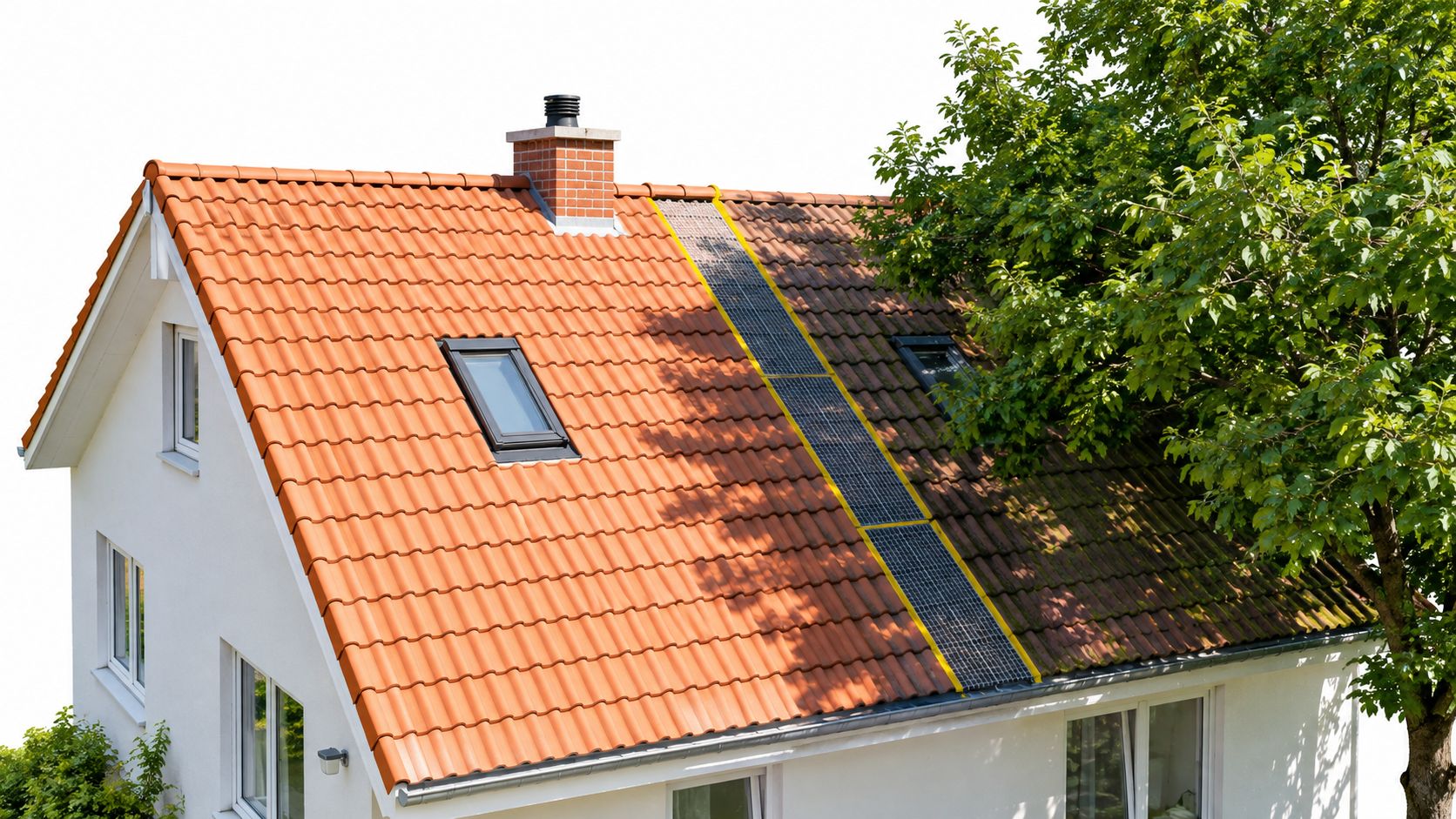 Et hus med et rødt tegltag, hvor en del er renset og udstyret med solceller ved siden af et træ.