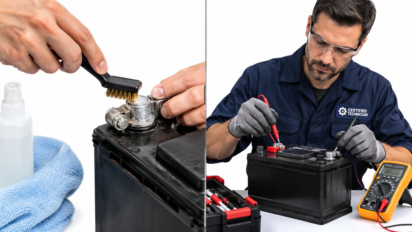 En tekniker renser og tester polerne på et bilbatteri med en stålbørste og et multimeter for vedligeholdelse.