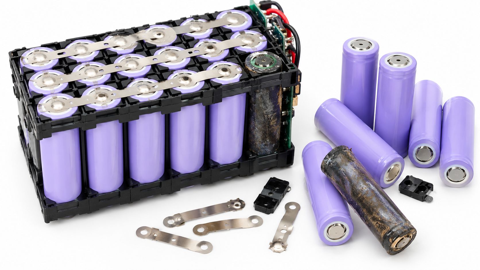 Nærbillede af et adskilt elcykel batteri med genopladelige celler, nikkelstrips og komponenter på en hvid baggrund.