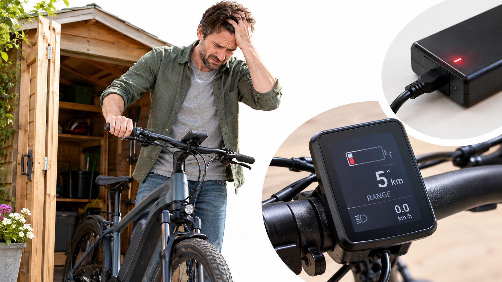 En frustreret mand med sin elcykel, der viser et tomt batteri og et opladningskabel med rød lampe.