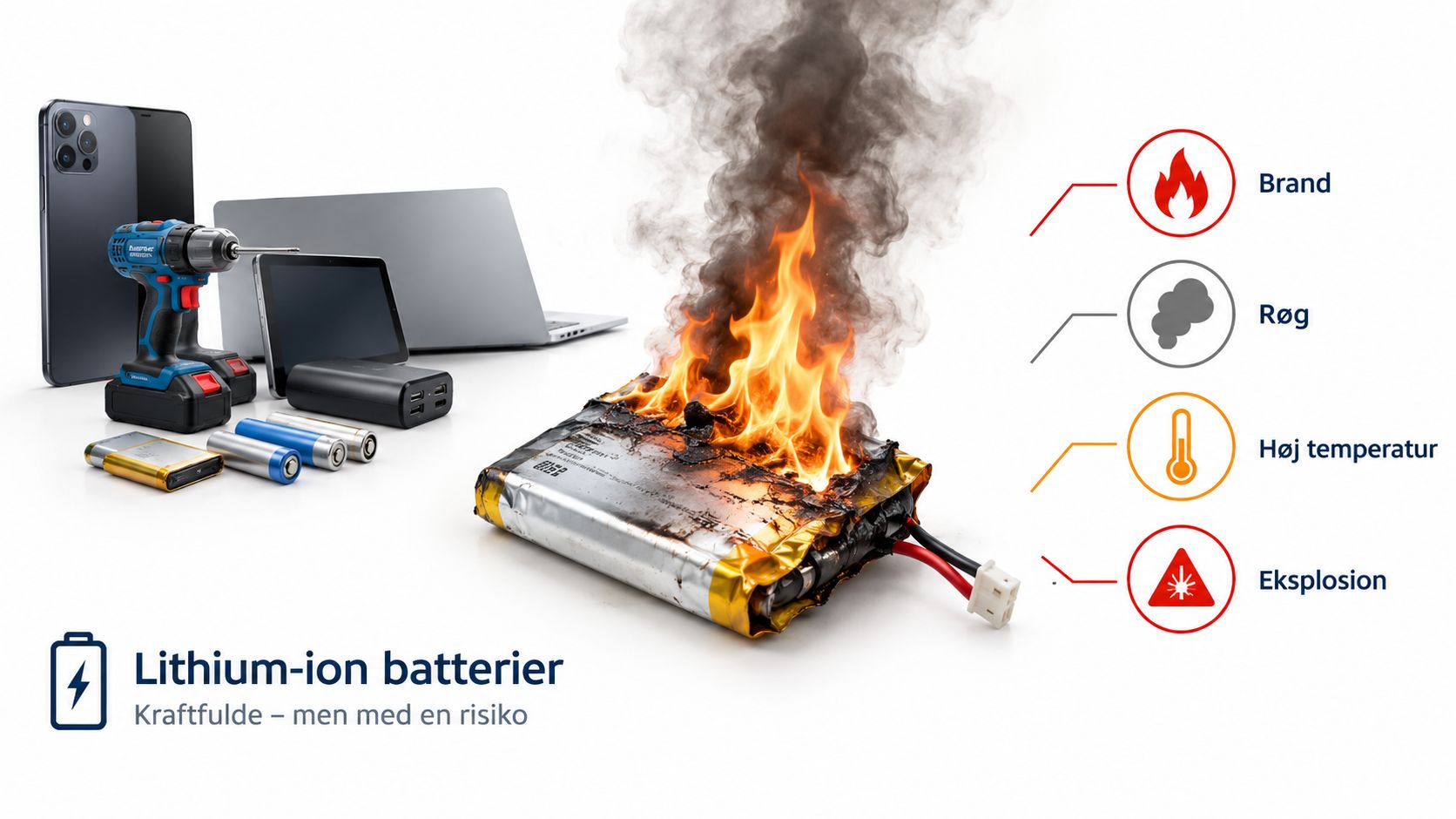 En advarsel om brandfare ved brug af beskadigede lithium-ion batterier til elektronik og værktøj.