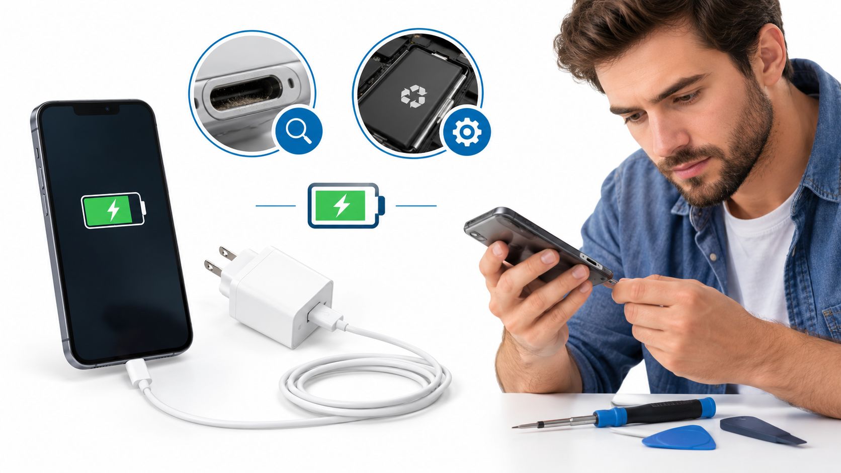 En mand reparerer en smartphone, mens der vises ikoner for opladning og batterivedligeholdelse af en mobiltelefon.