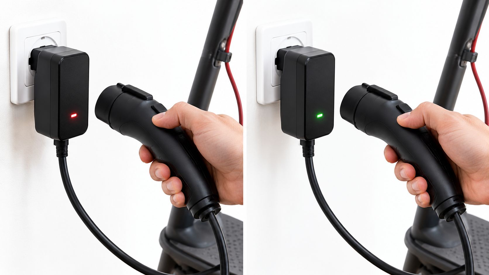 En hånd holder et elektrisk scooterstik ved siden af en oplader med skiftende rød og grøn statuslampe.