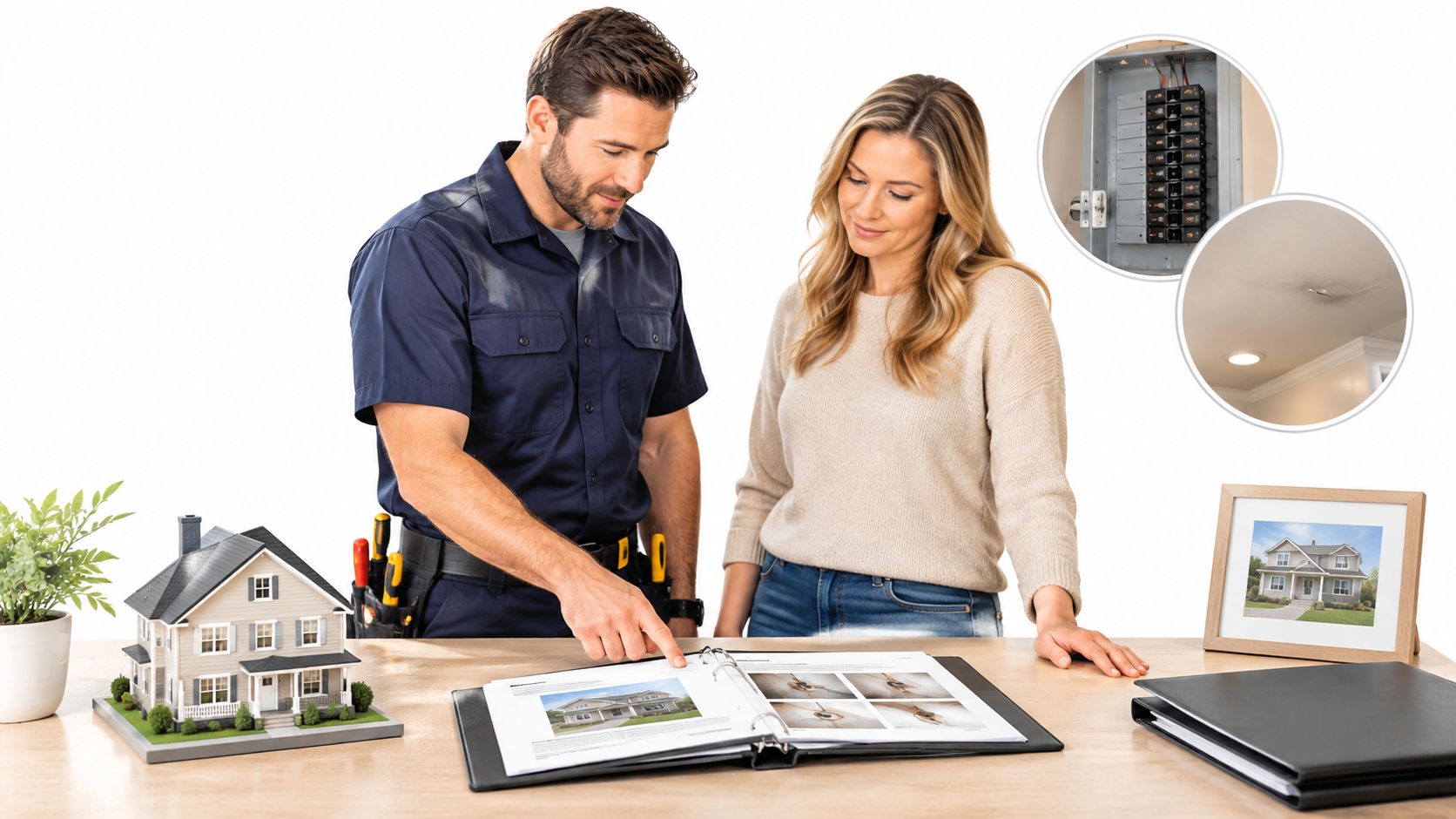 En professionel elektriker viser en elinstallationsrapport til en kvinde ved et skrivebord med modelhus.
