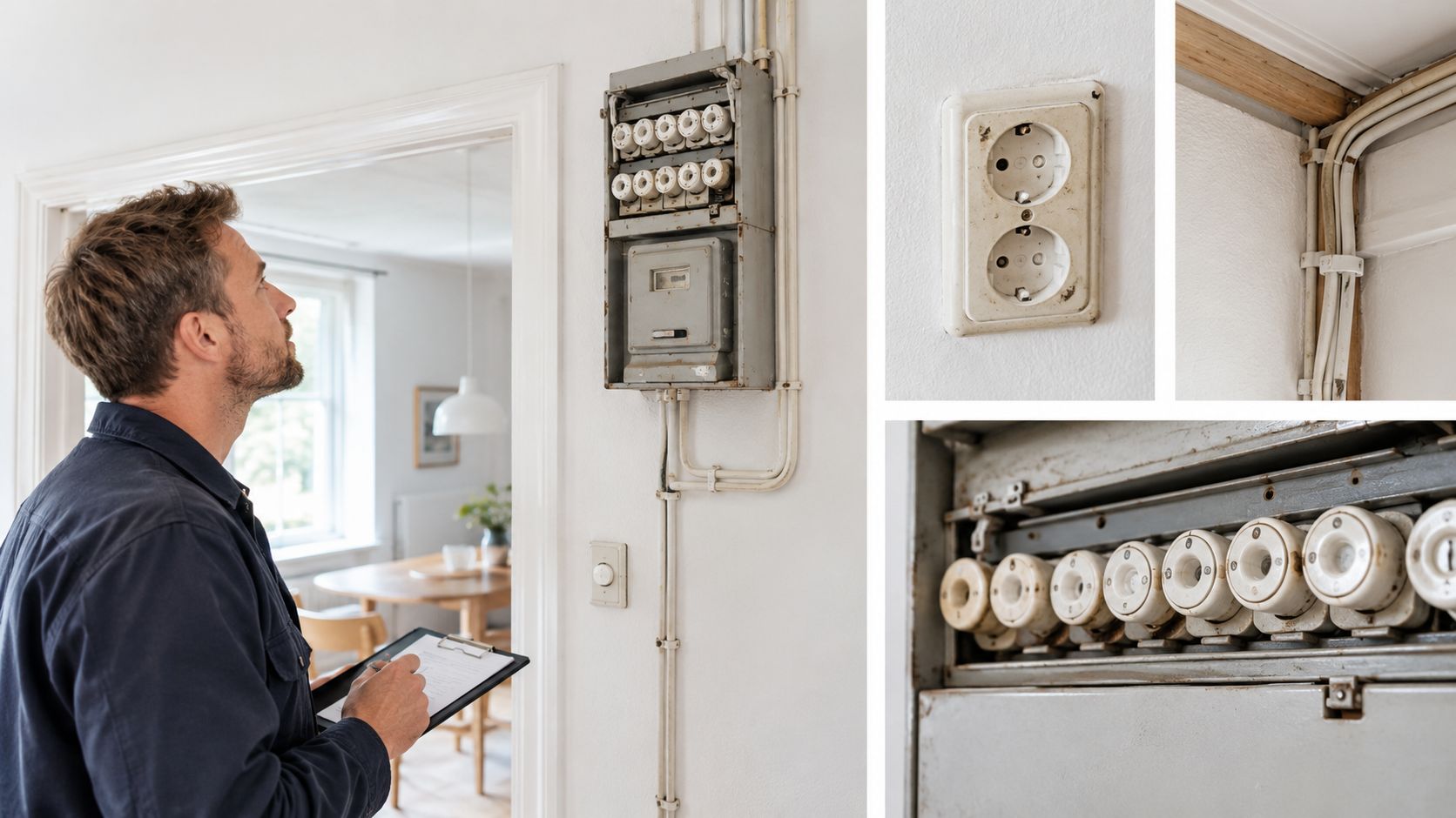 En elektriker gennemgår en gammel el-tavle med smeltesikringer i forbindelse med en elinstallationsrapport af en bolig.