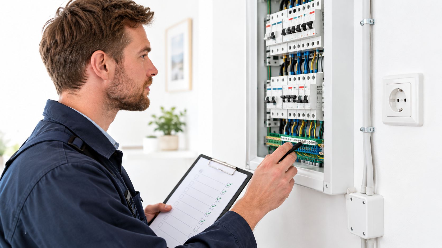 En professionel elektriker inspicerer en elektrisk tavle og noterer resultaterne på en tjekliste i sit hjem.