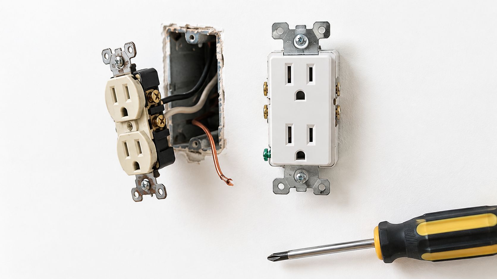 Gammel og ny stikkontakt med jordforbindelse placeret ved siden af en elboks med synlige elektriske ledninger.
