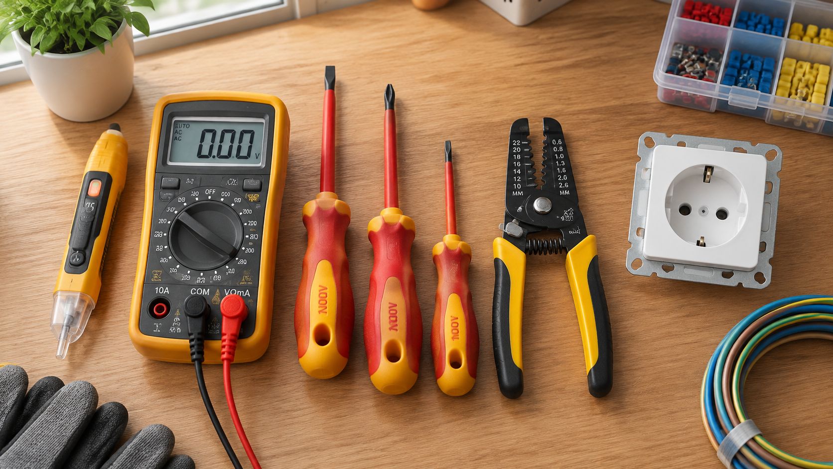 En samling af professionelt el-værktøj, herunder multimeter, skruetrækkere og stikkontakt, placeret pænt på et træbord.