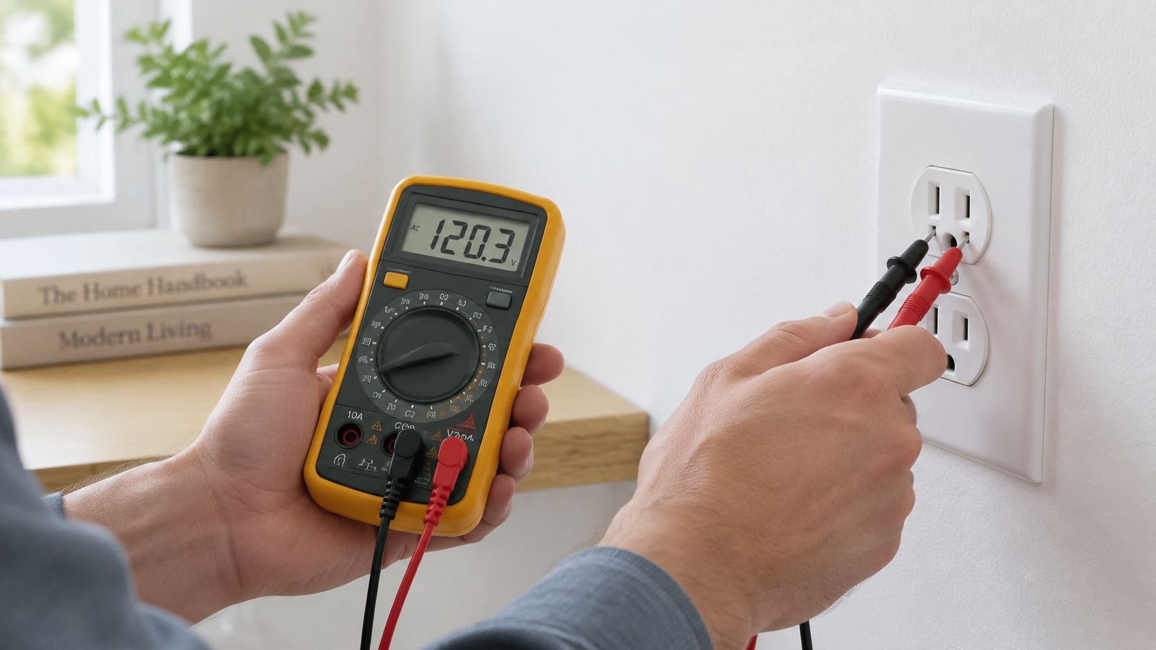 En person måler spænding i en stikkontakt med jord ved hjælp af et gult digitalt multimeter.