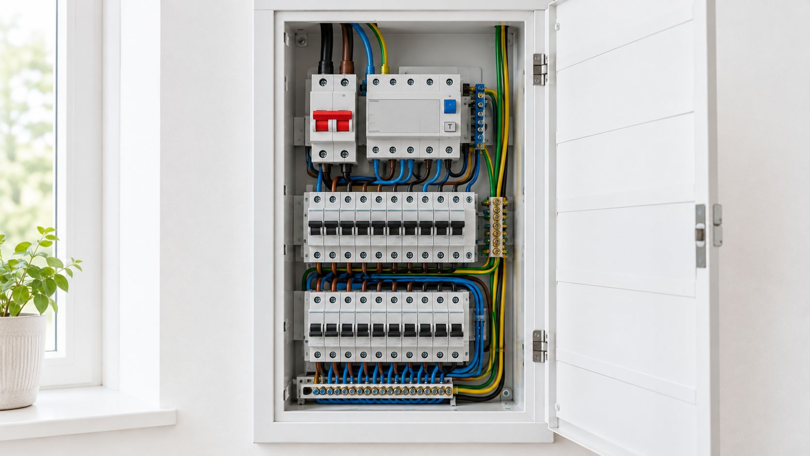 Et elektrisk sikringsskab med mange automatsikringer monteret på en hvid væg ved siden af et vindue.