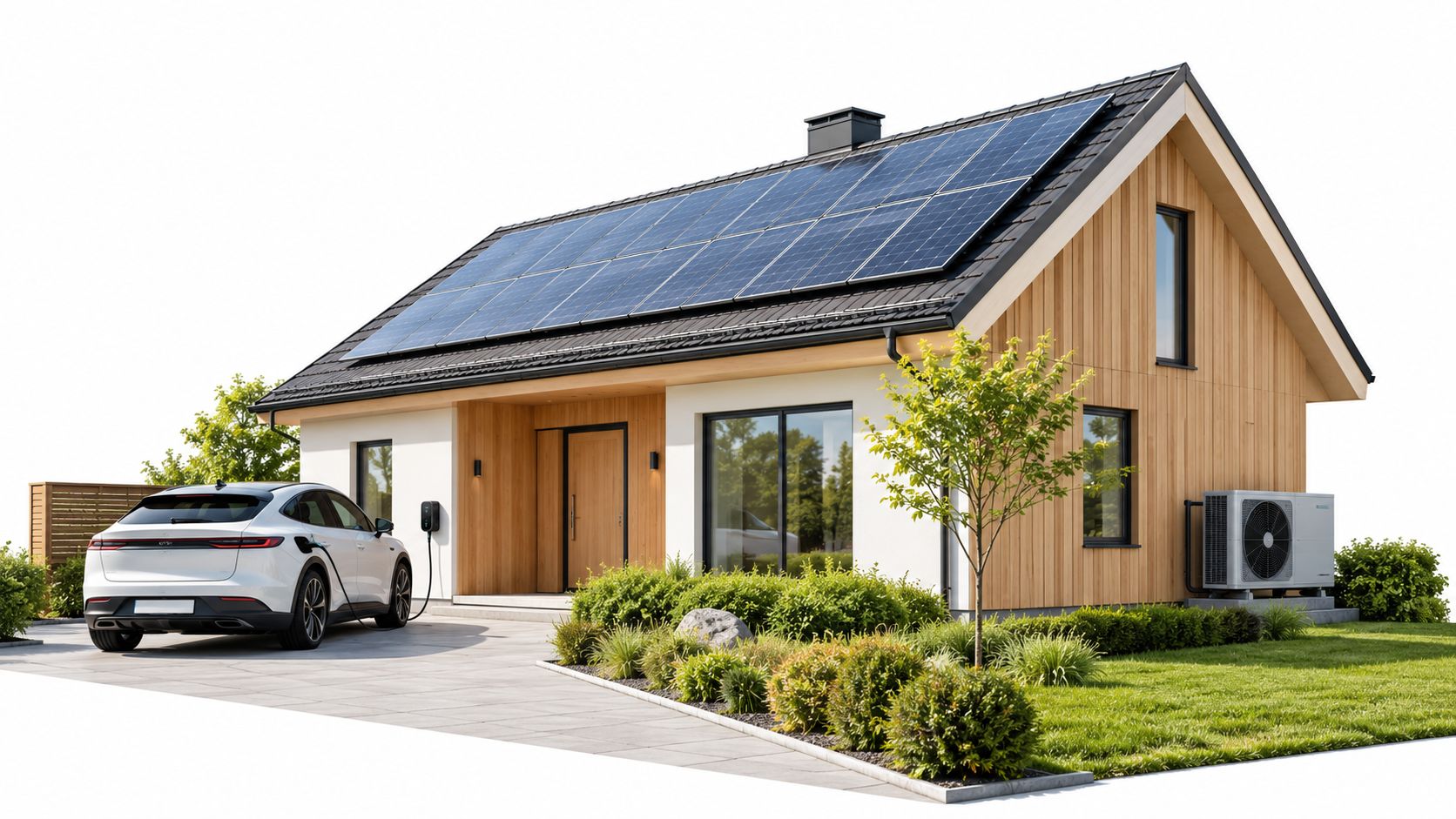 Moderne hus med solpaneler på taget, elbil oplades i indkørslen og en luftvarmepumpe monteret ved husets facade.
