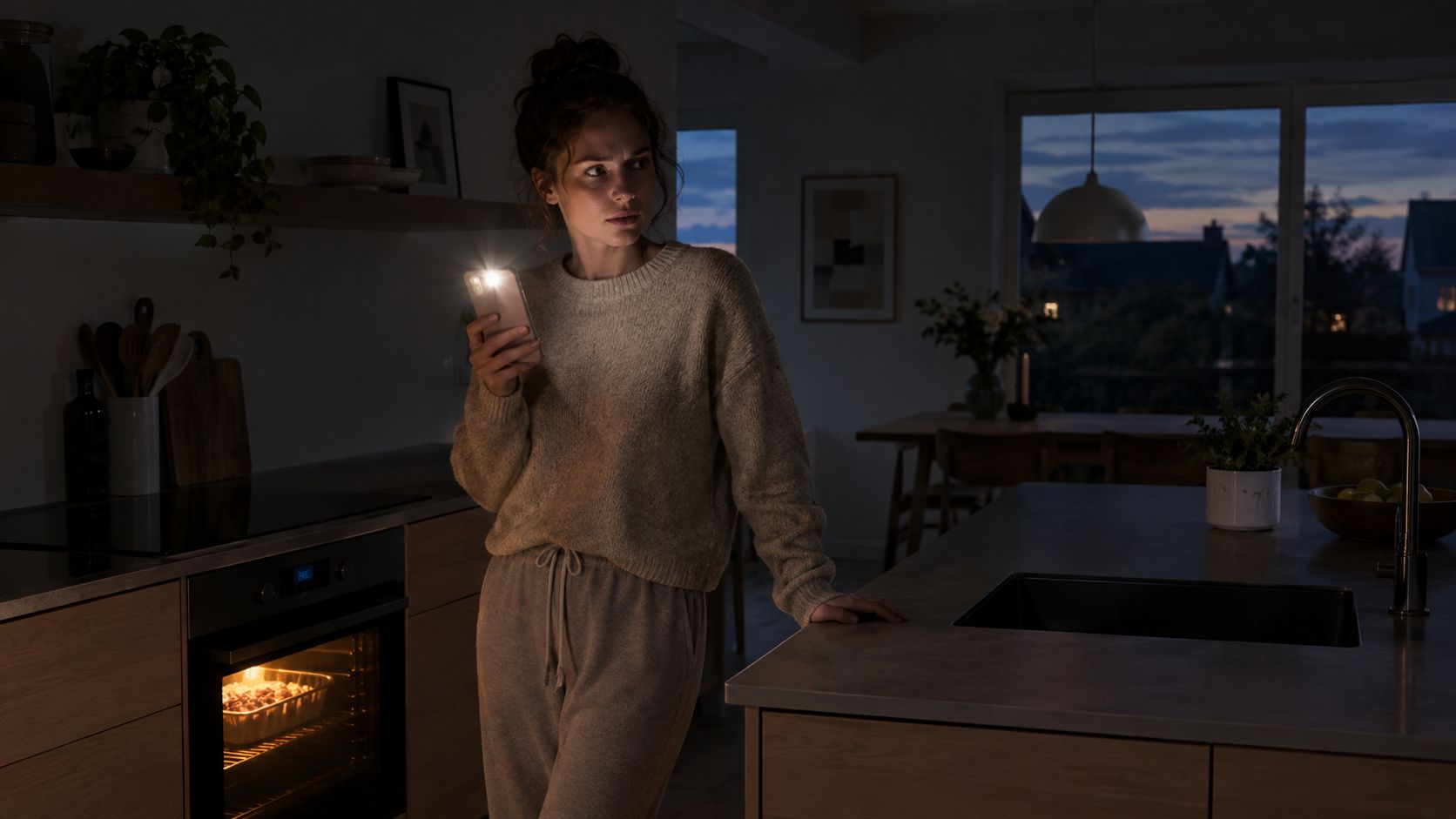 En kvinde står i et mørkt køkken og bruger lommelygten på sin telefon til at undersøge omgivelserne