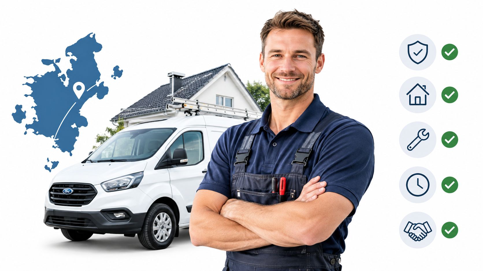 En smilende professionel elektriker står foran en servicebil med en husbaggrund og ikoner for kundeservice.