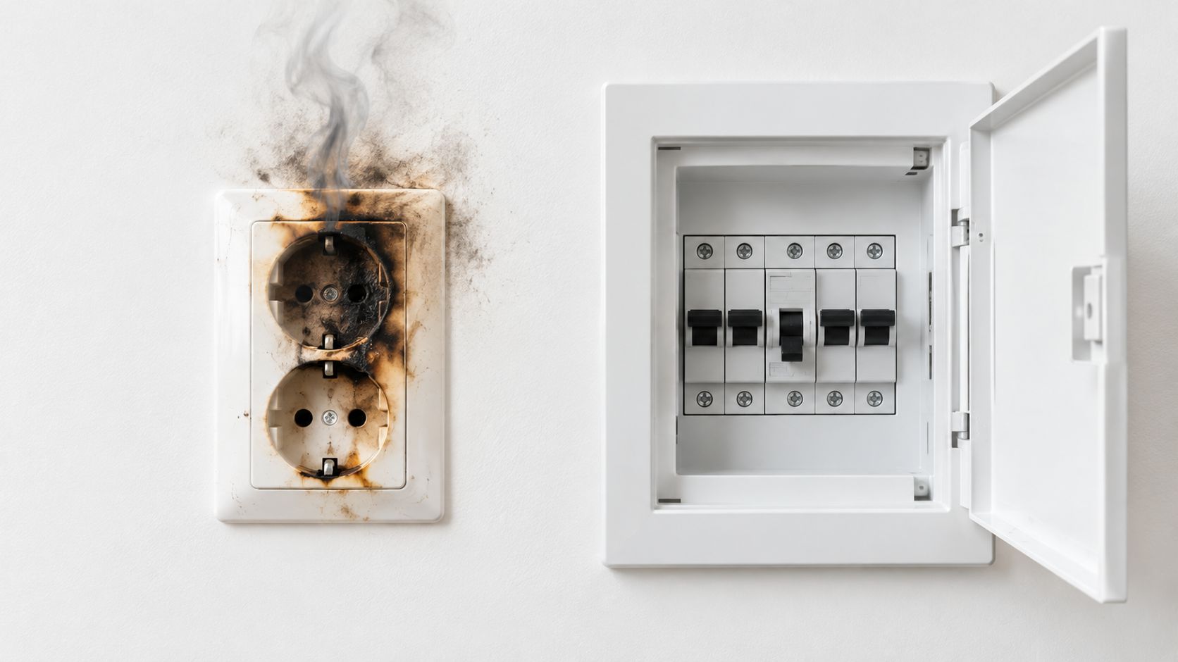 En elektrisk stikkontakt på en hvid væg, der ryger og er brændt på grund af en kortslutning.