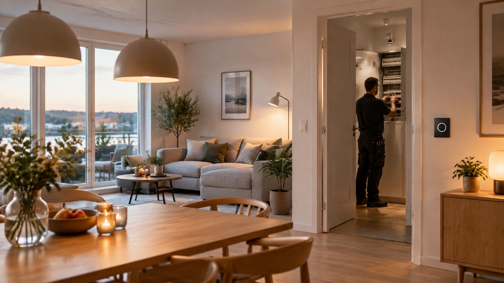En elektriker arbejder på et elskab i et moderne hjem med smart belysning og hyggelig stueindretning.